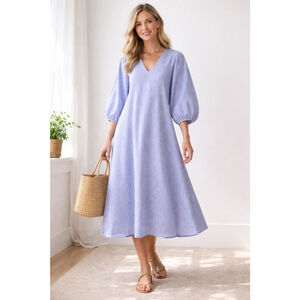 Women's H&M Blue White Striped Linen Blend Midi Dress XS Coastal Flowy